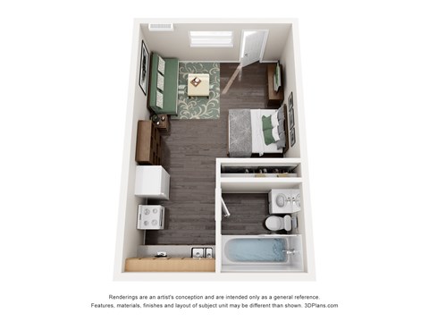 A 3D floor plan of a small apartment with a bedroom, living room, and bathroom.